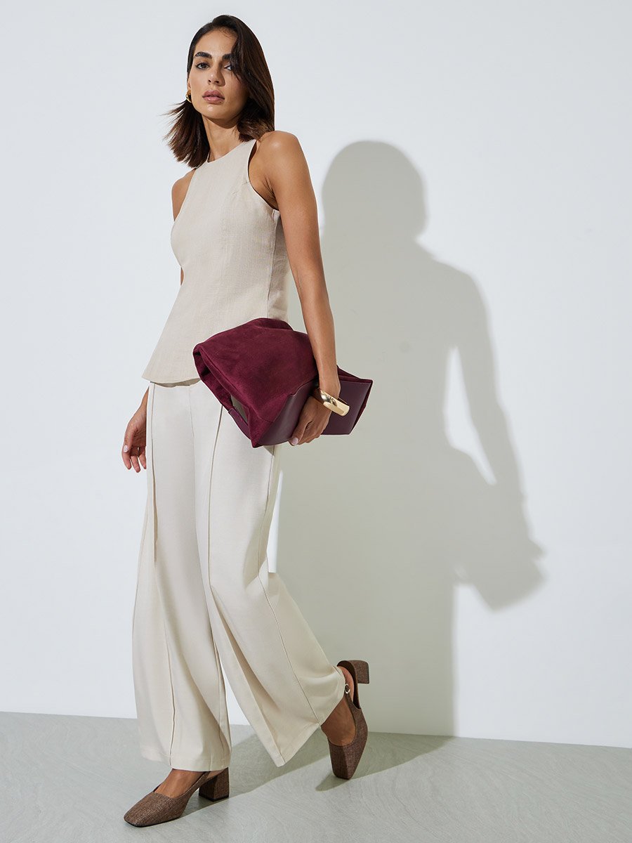 Beige Solid Wide Leg Trousers