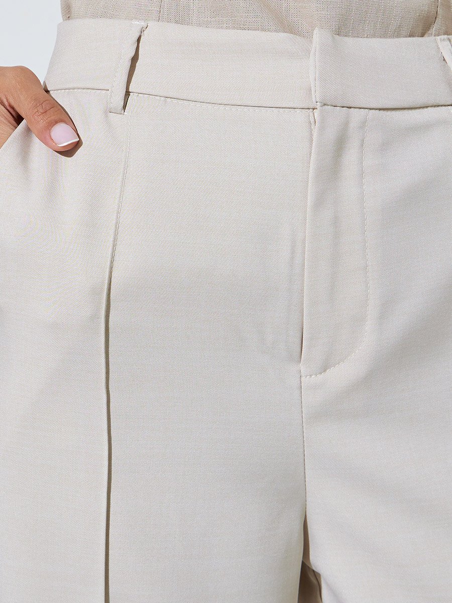 Beige Solid Wide Leg Trousers