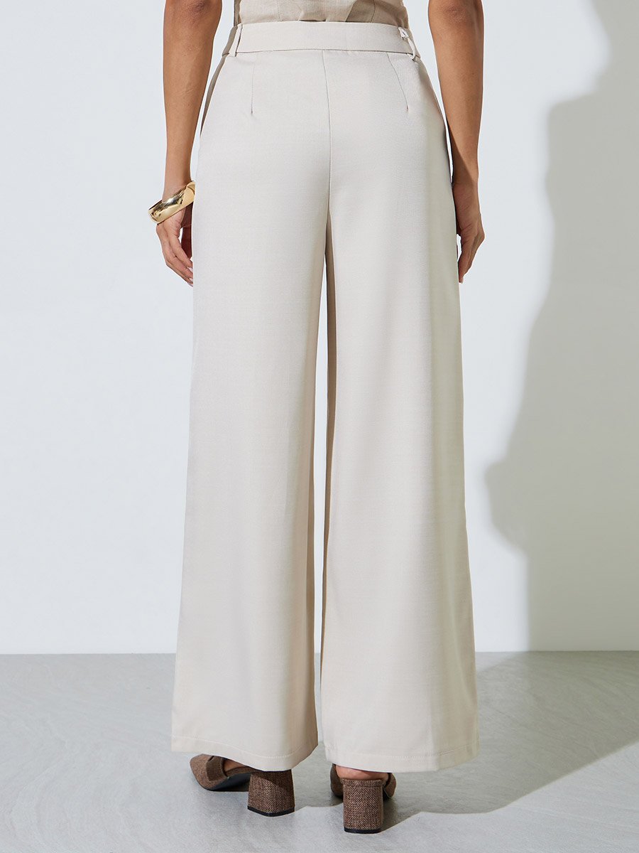 Beige Solid Wide Leg Trousers