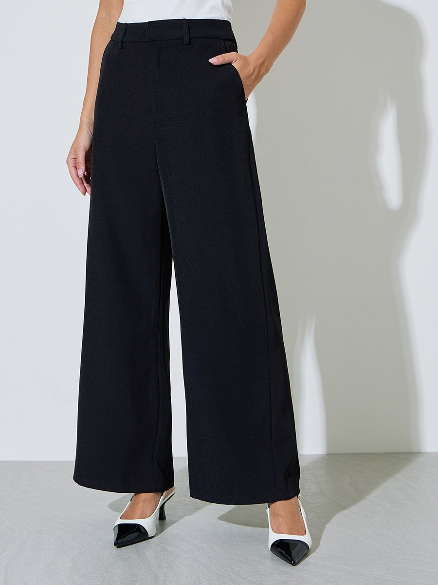 Black Solid Wide Leg Pants