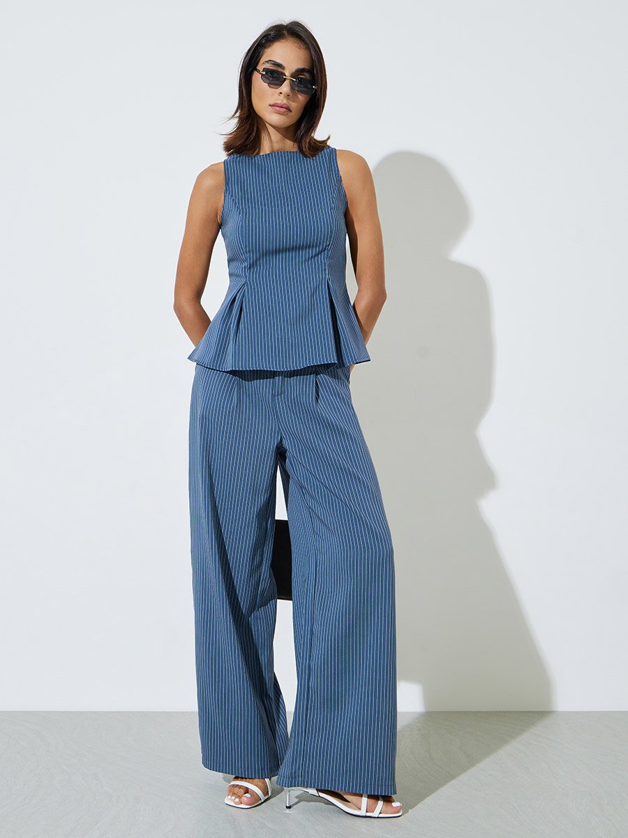 Blue Sleeveless Pinstriped Pleated Blouse
