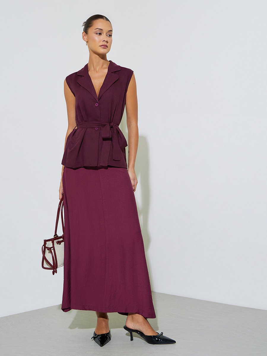 Burgundy Solid Side Slit Fitted Maxi Skirt