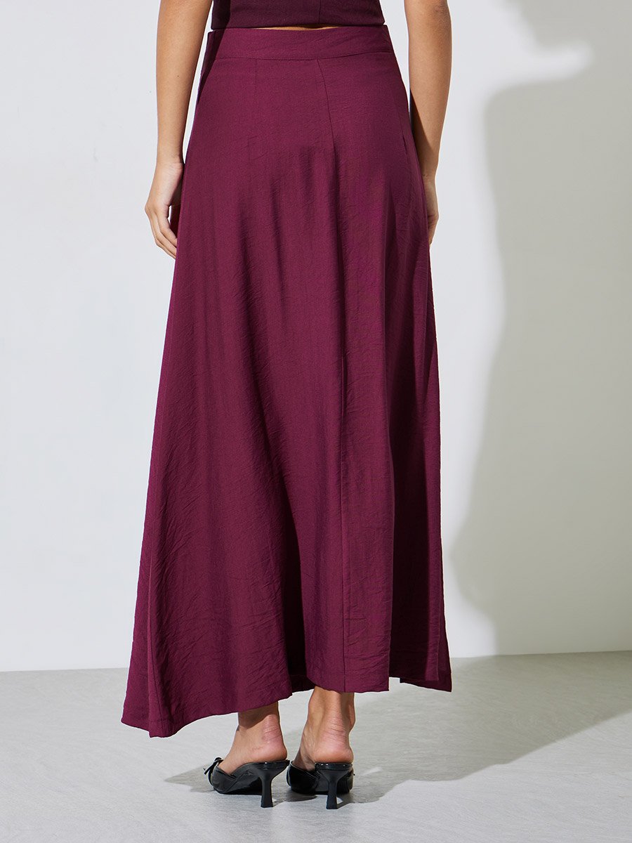 Burgundy Solid Side Slit Fitted Maxi Skirt