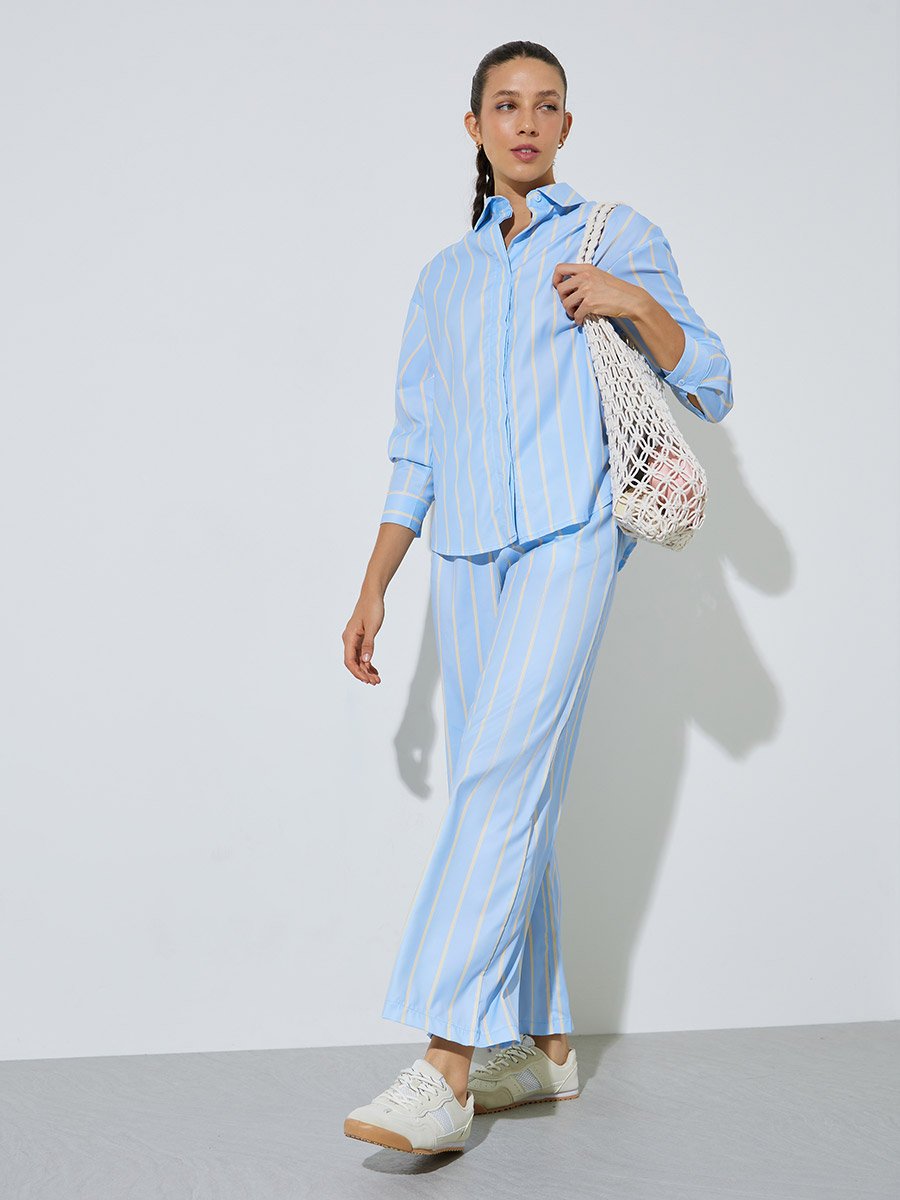 Light Blue Striped Long-Sleeve Oversized Shirt