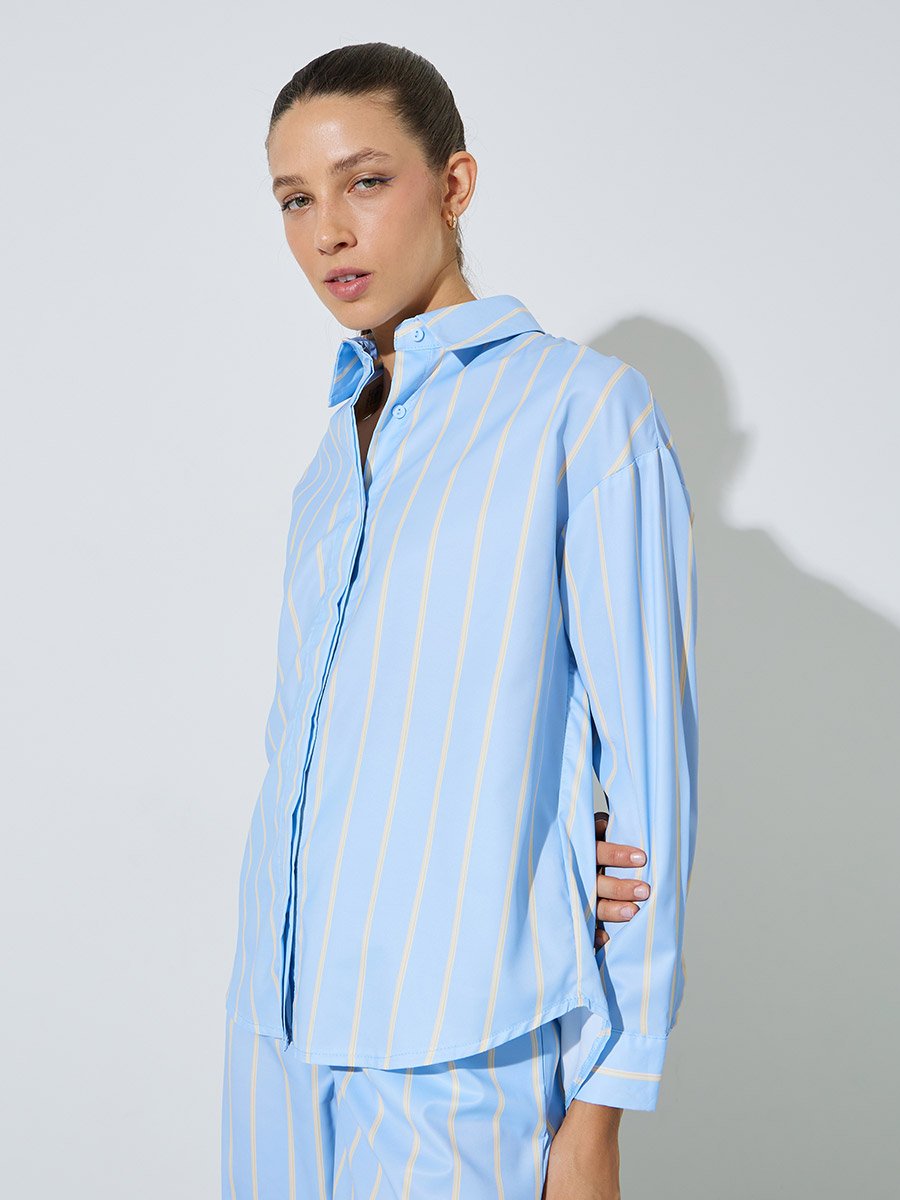 Light Blue Striped Long-Sleeve Oversized Shirt