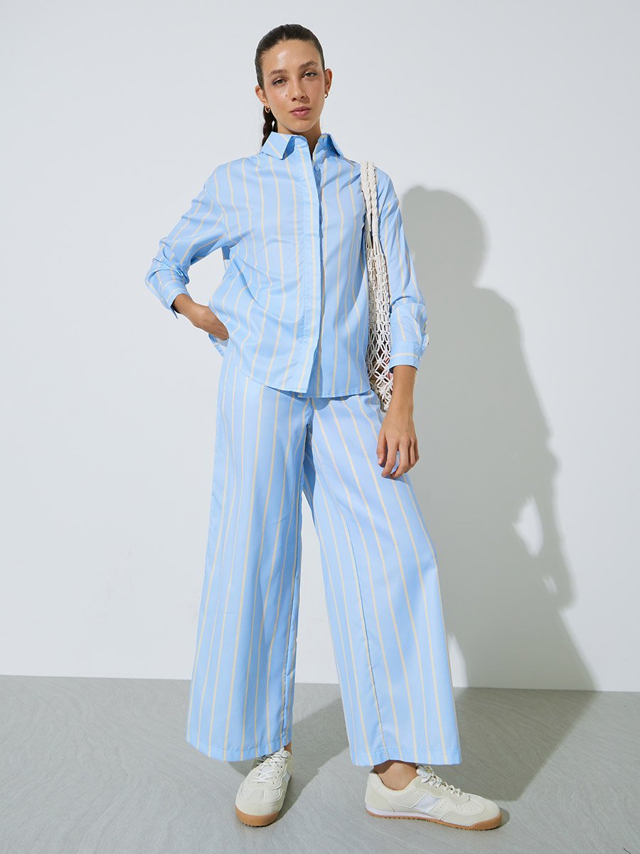 Light Blue Striped Long-Sleeve Oversized Shirt