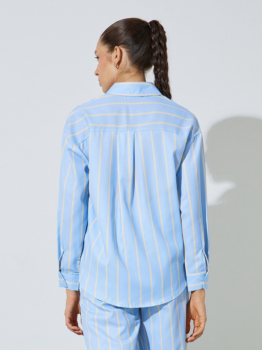 Light Blue Striped Long-Sleeve Oversized Shirt