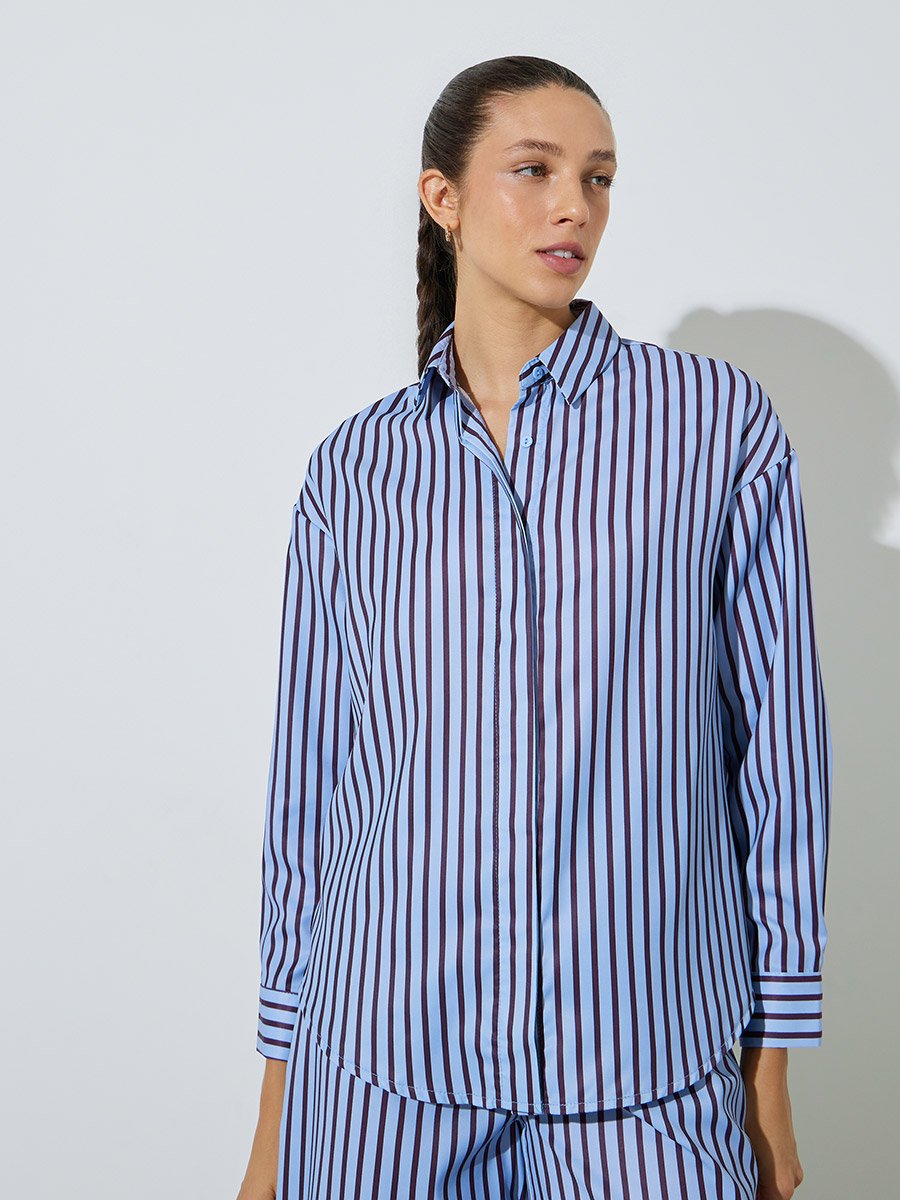 Blue Striped Long-Sleeve Oversized Shirt