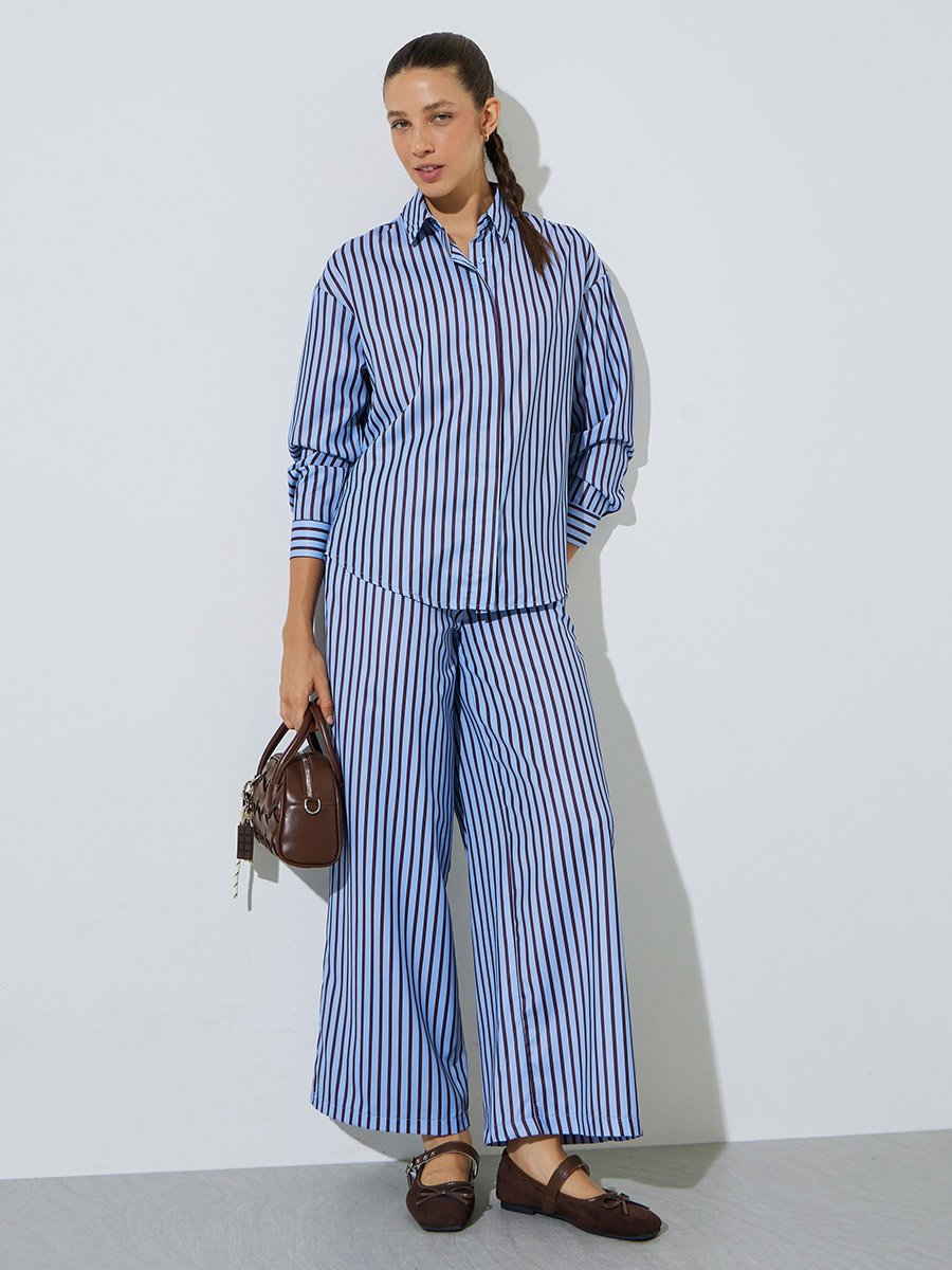 Blue Striped Long-Sleeve Oversized Shirt
