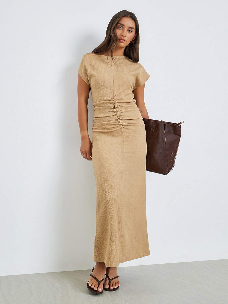 Beige Gathered Waist Maxi Dress