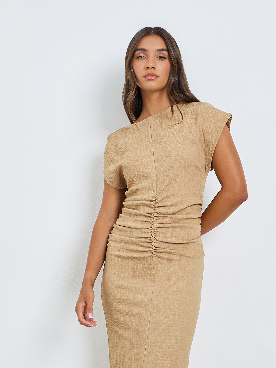 Beige Gathered Waist Maxi Dress