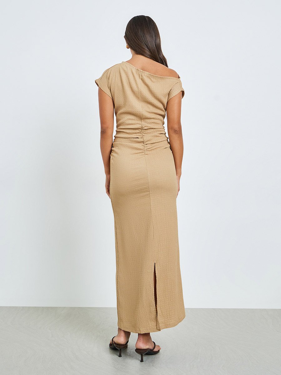Beige Gathered Waist Maxi Dress