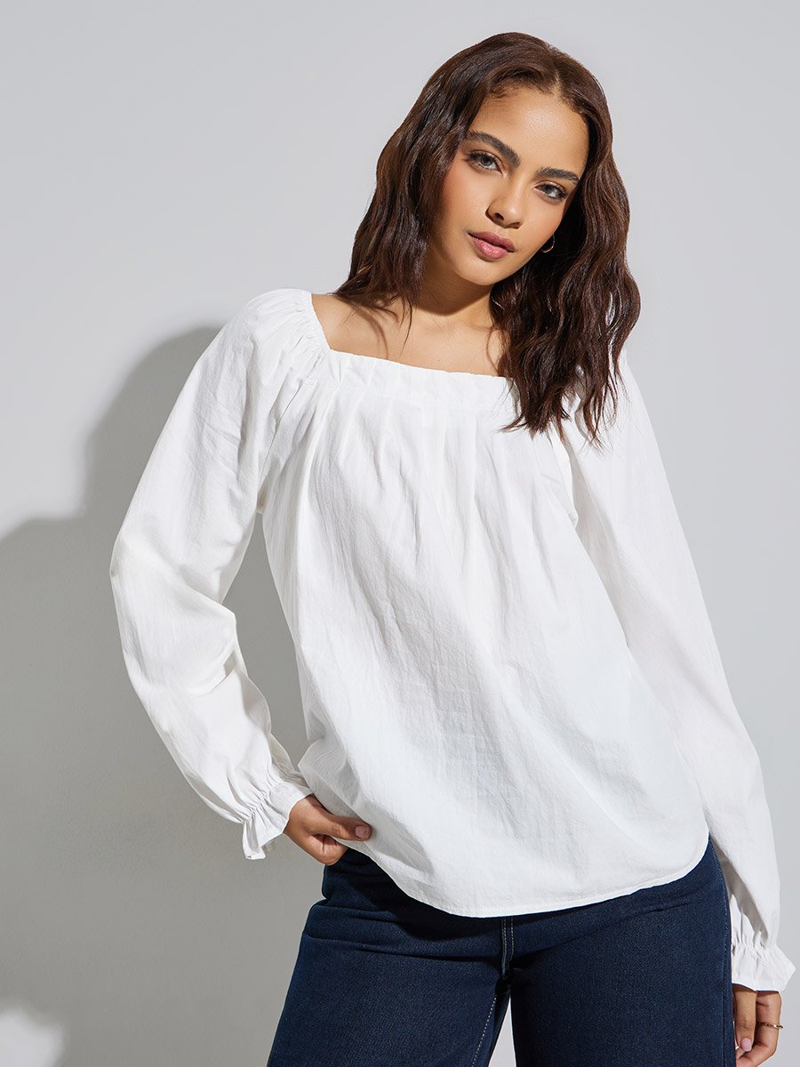 White Square Neck Long Sleeve Blouse