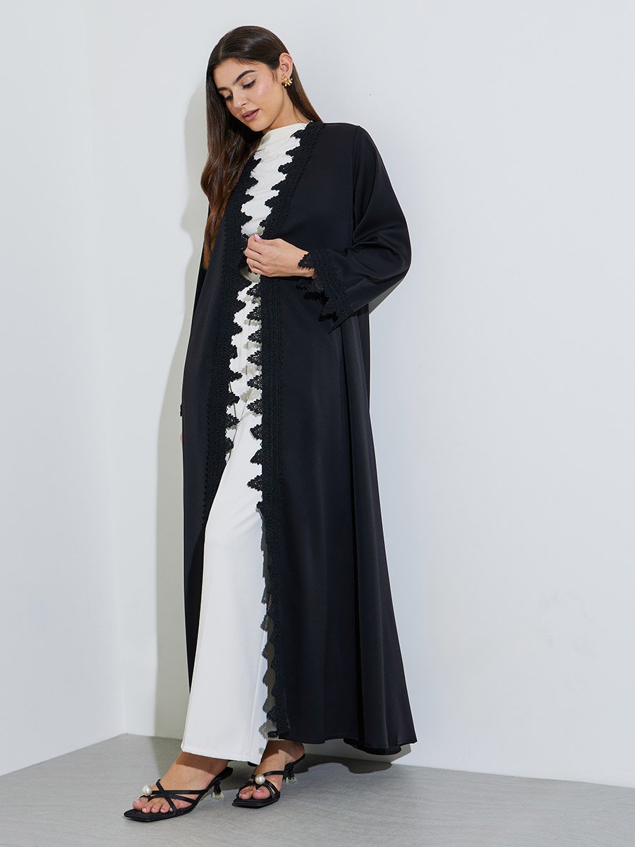 Black Solid Long Sleeves Lace Trim Abaya
