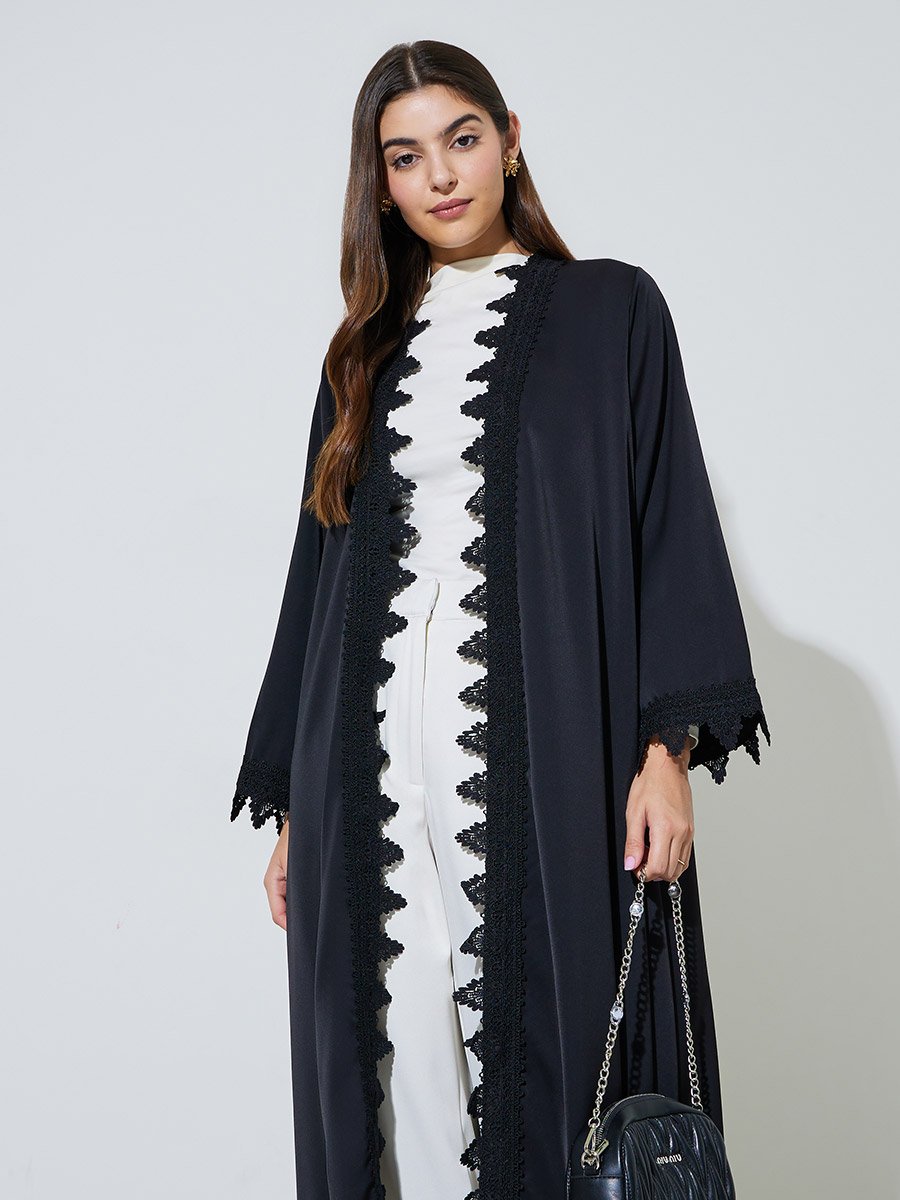 Black Solid Long Sleeves Lace Trim Abaya
