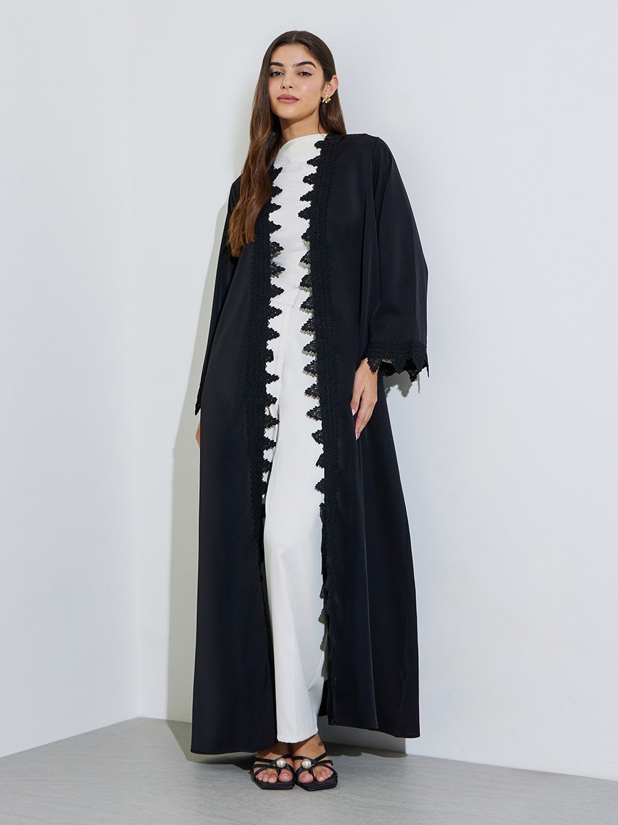Black Solid Long Sleeves Lace Trim Abaya