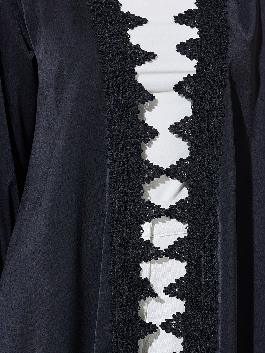 Black Solid Long Sleeves Lace Trim Abaya