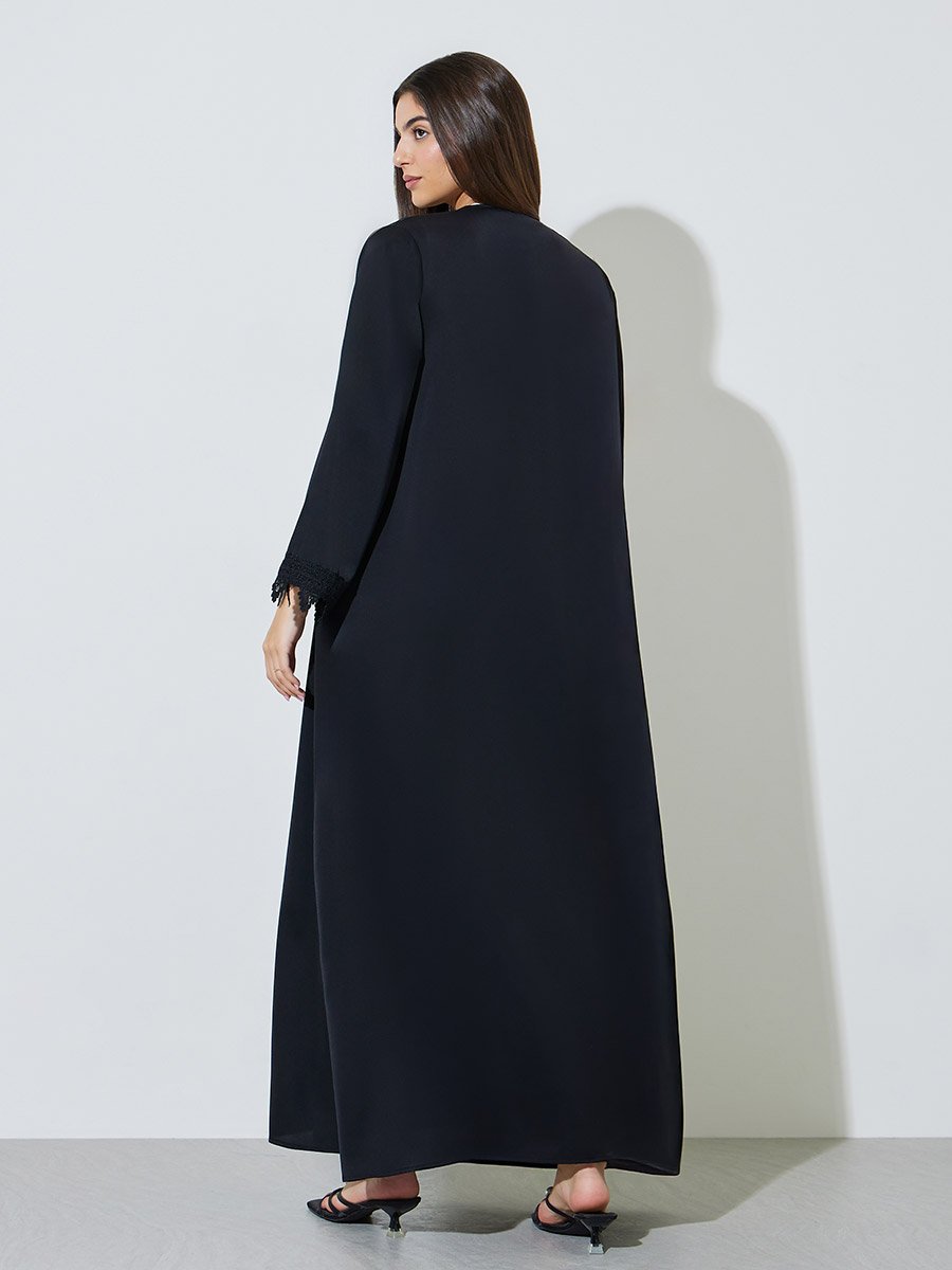 Black Solid Long Sleeves Lace Trim Abaya