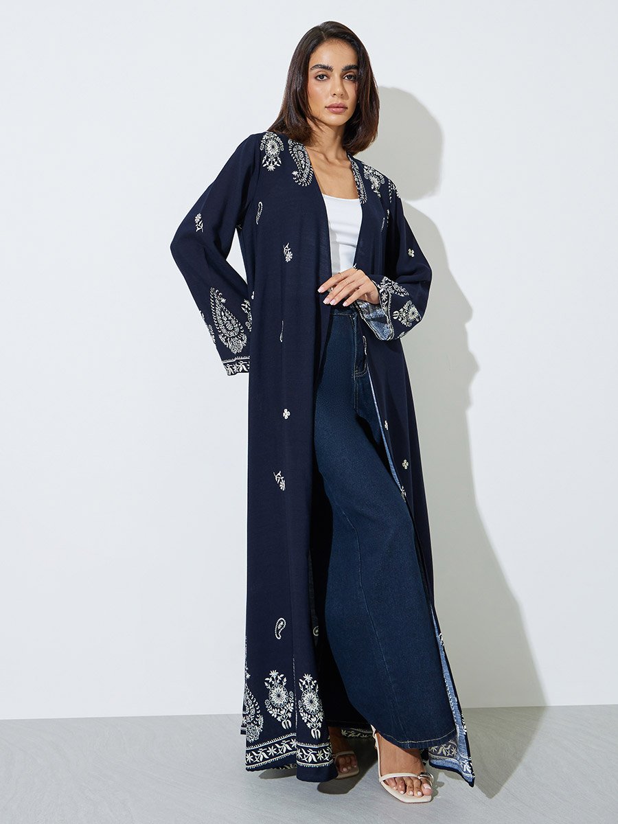 Black Paisley Front Open Rayon Abaya