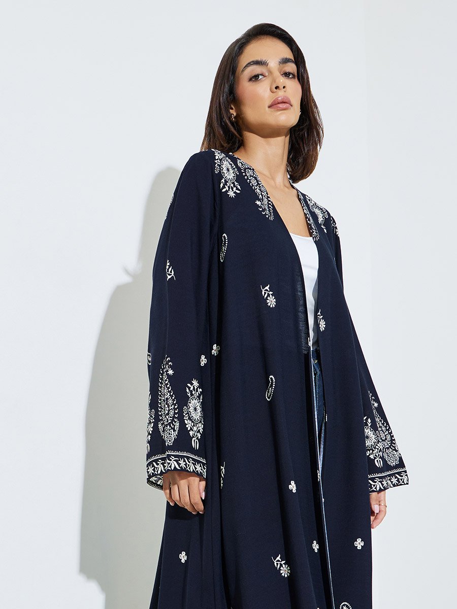 Black Paisley Front Open Rayon Abaya