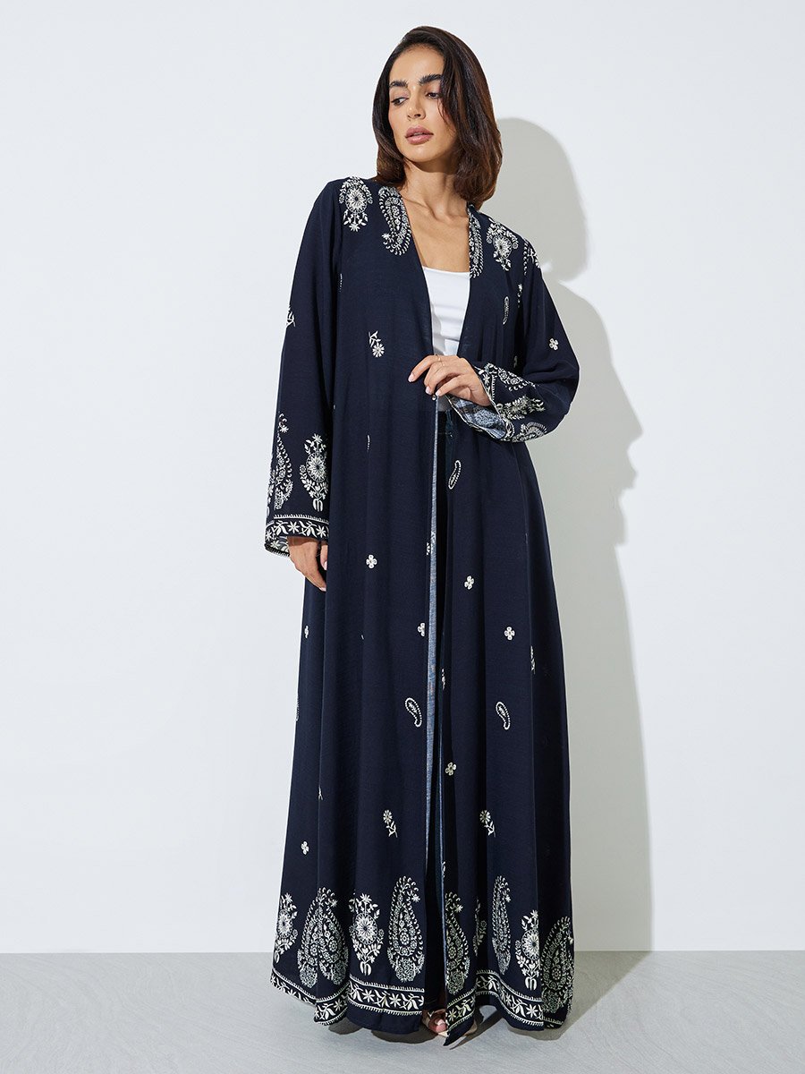 Black Paisley Front Open Rayon Abaya