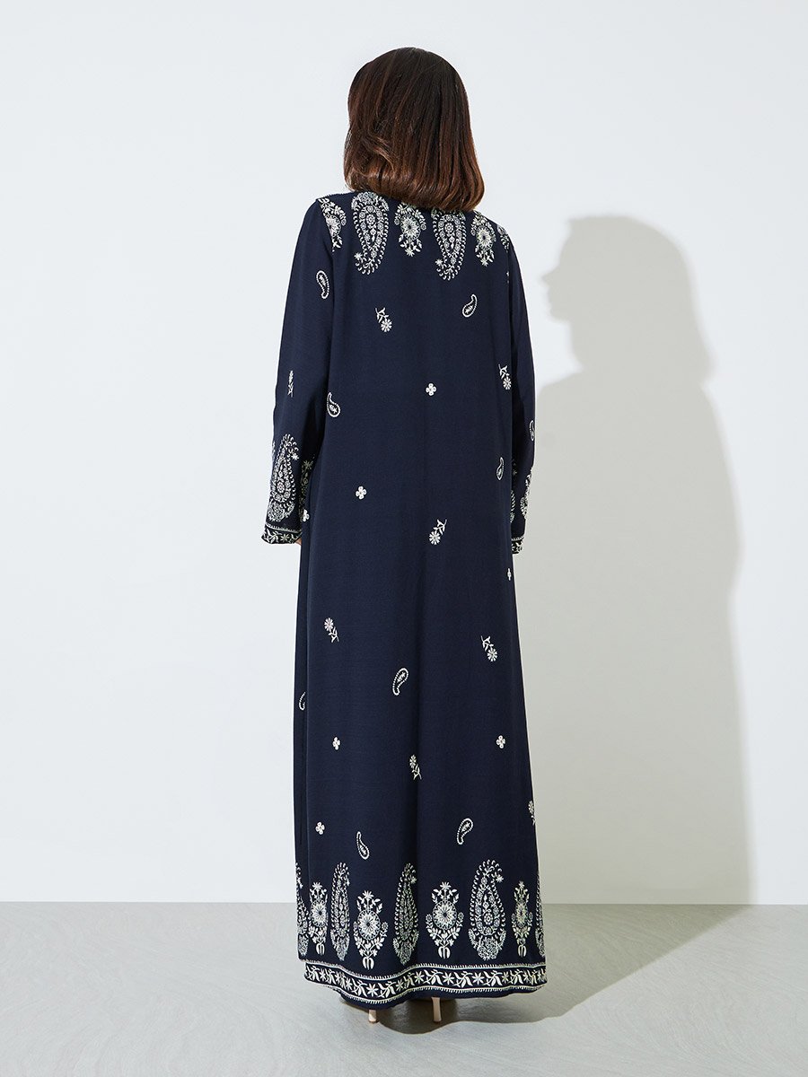 Black Paisley Front Open Rayon Abaya