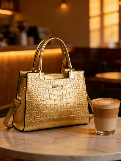 Gold Croc-Embossed Handbag