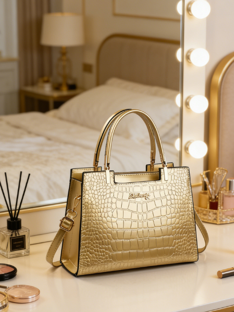 Gold Croc-Embossed Handbag