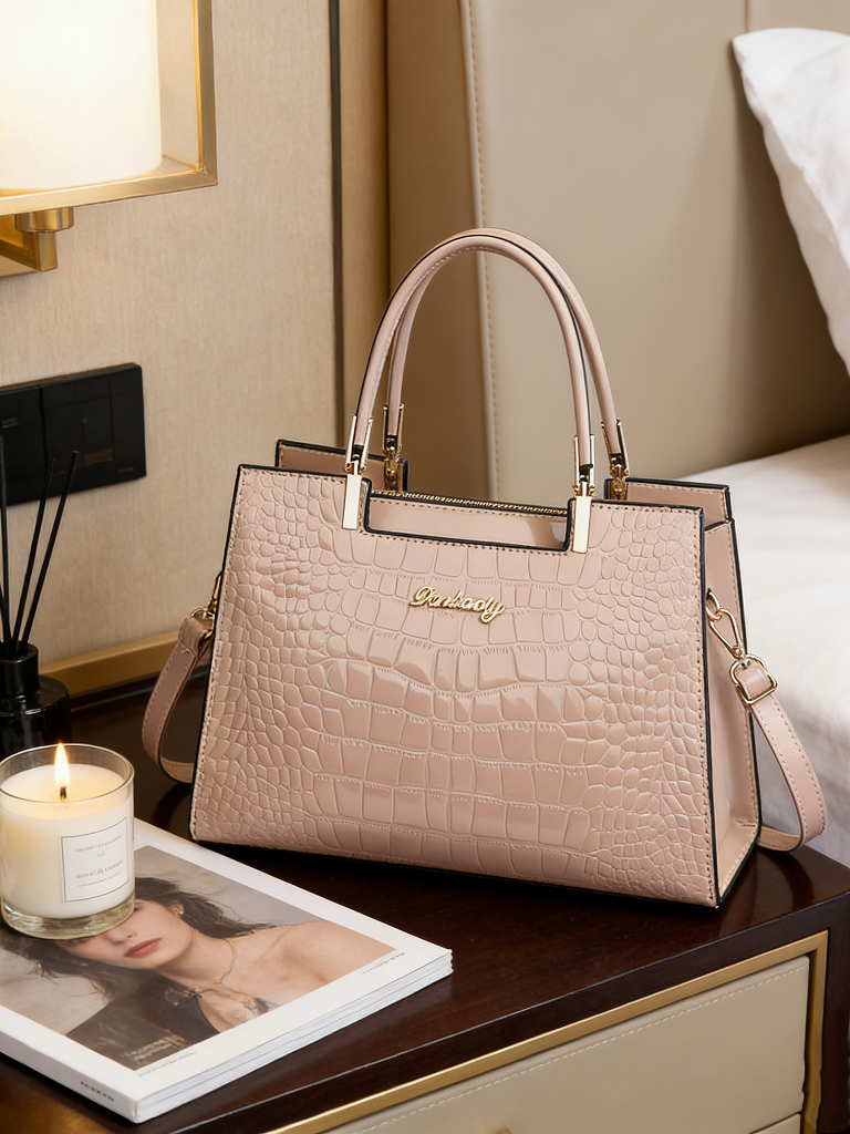 Pink Croc Embossed Handbag