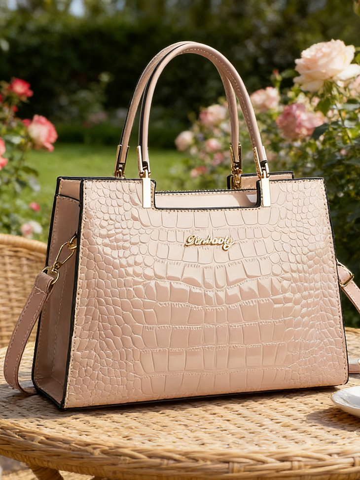 Pink Croc Embossed Handbag