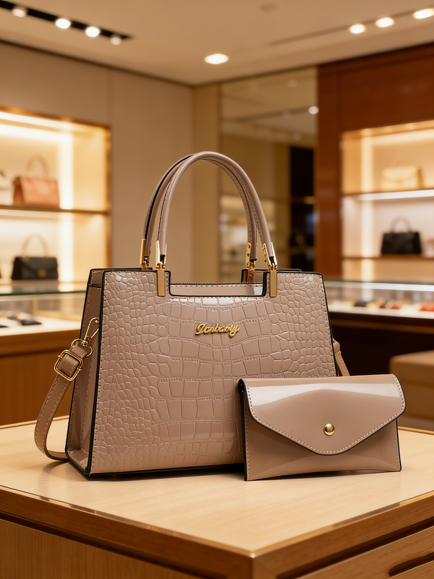 Beige Croc-Embossed Handbag with Purse