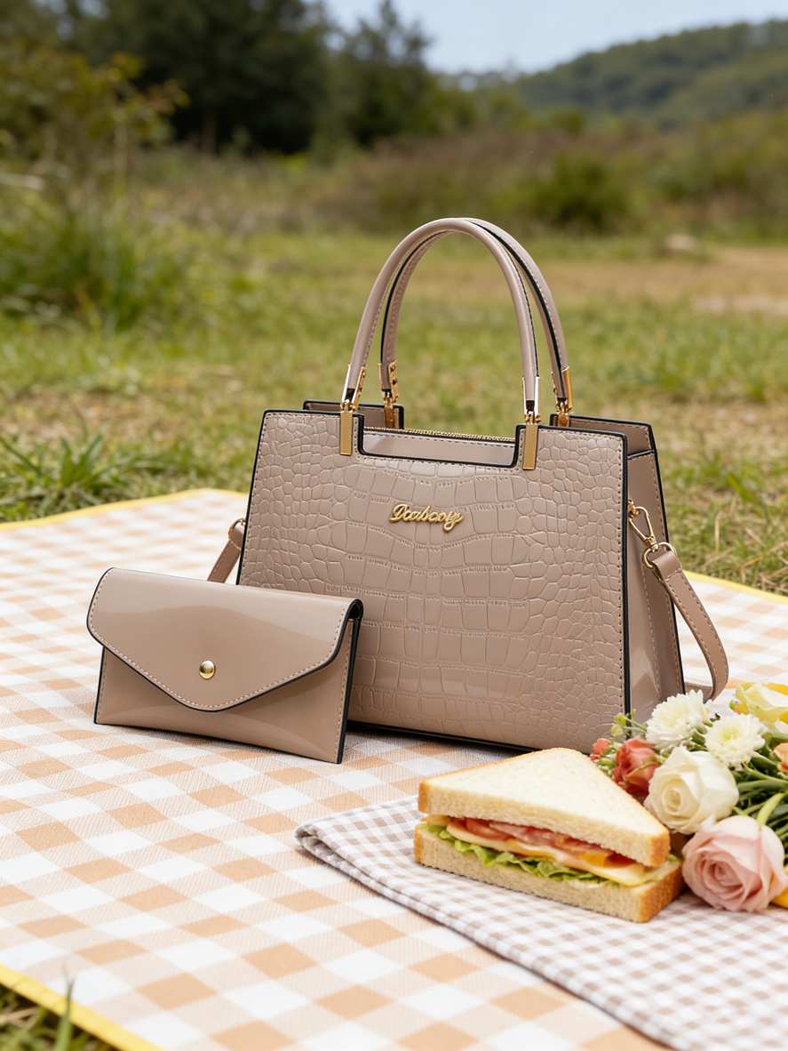 Beige Croc-Embossed Handbag with Purse