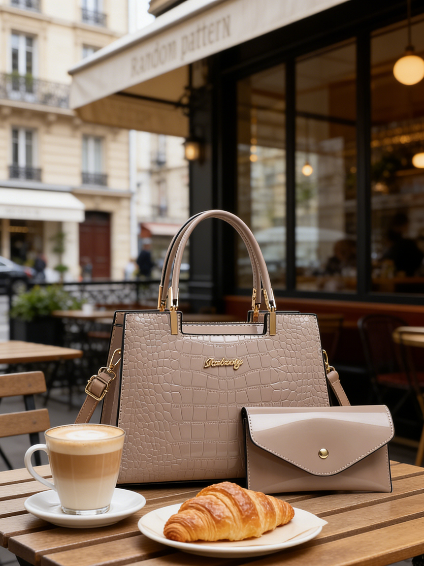 Beige Croc-Embossed Handbag with Purse