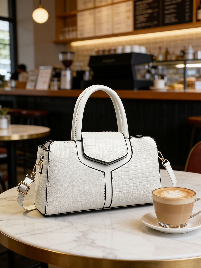 White Croc-Embossed Handbag