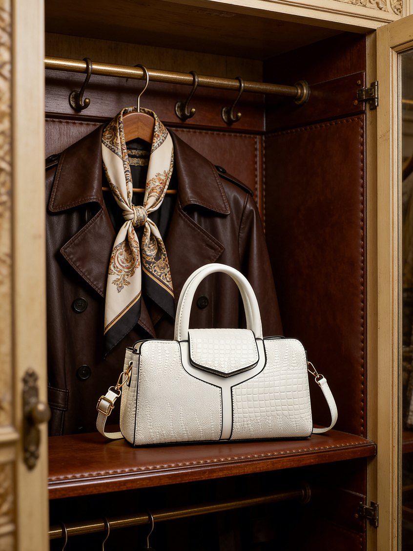 White Croc-Embossed Handbag