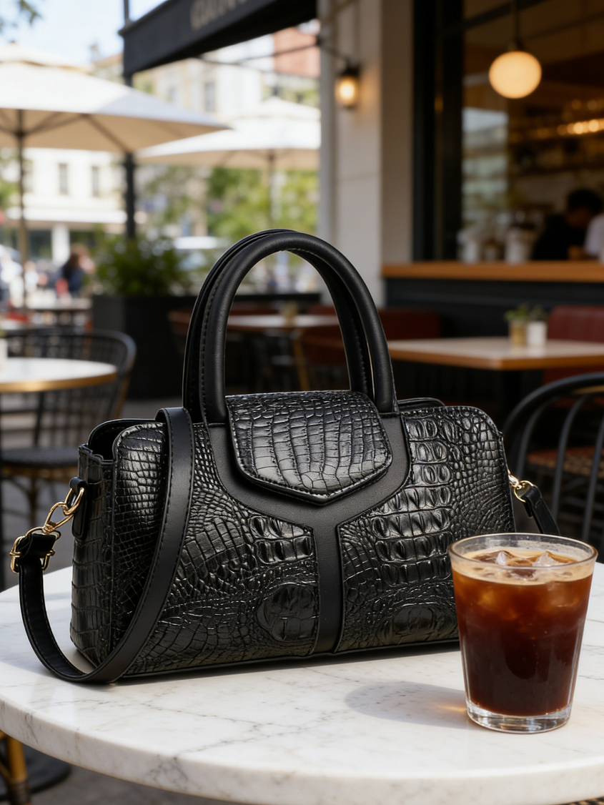 Black Croc-Embossed Handbag