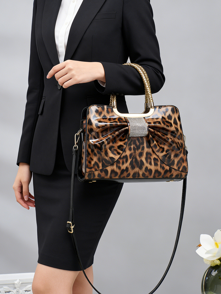 Leopard Print Embellished Bow Handbag