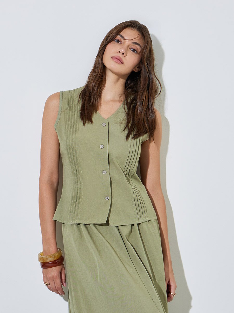 Green Pintuck Detail Top and A-Line Maxi Skirt Set
