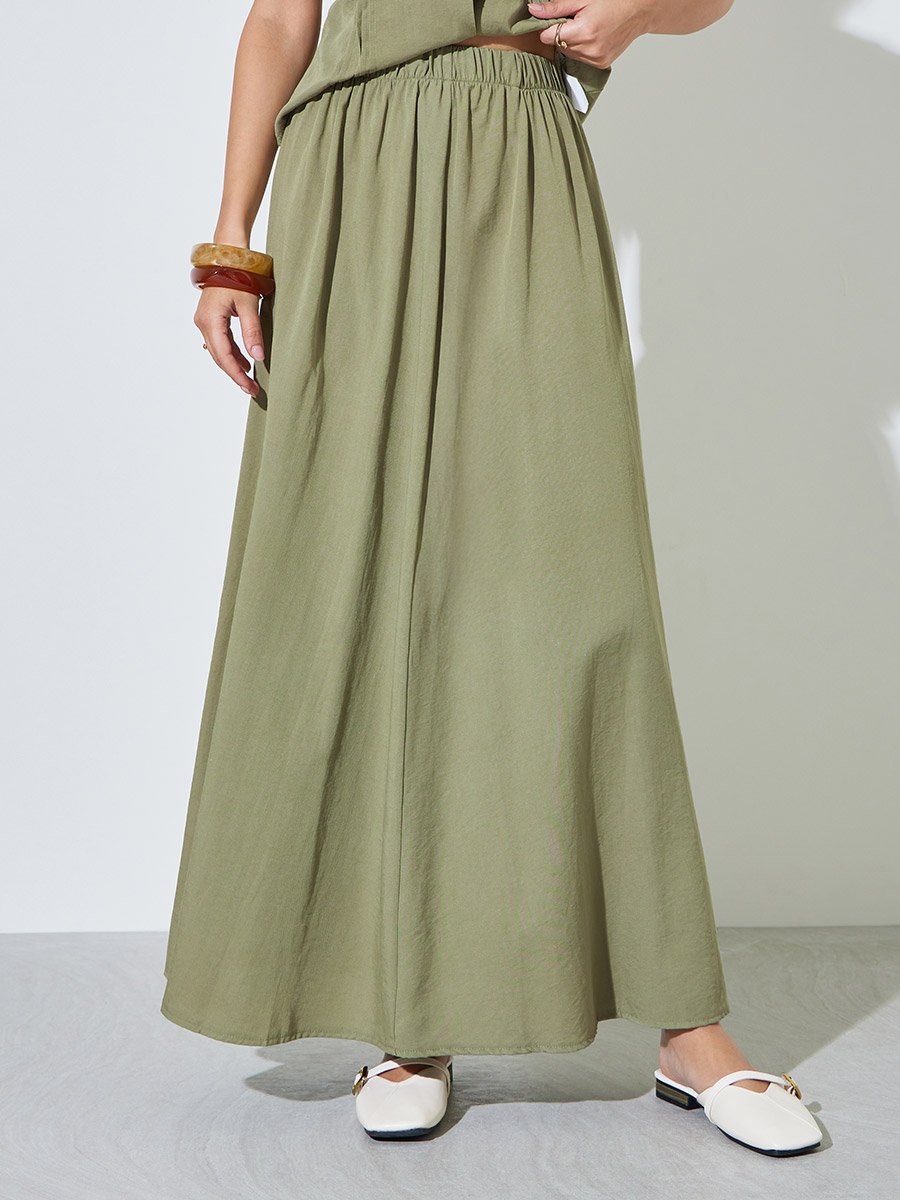Green Pintuck Detail Top and A-Line Maxi Skirt Set