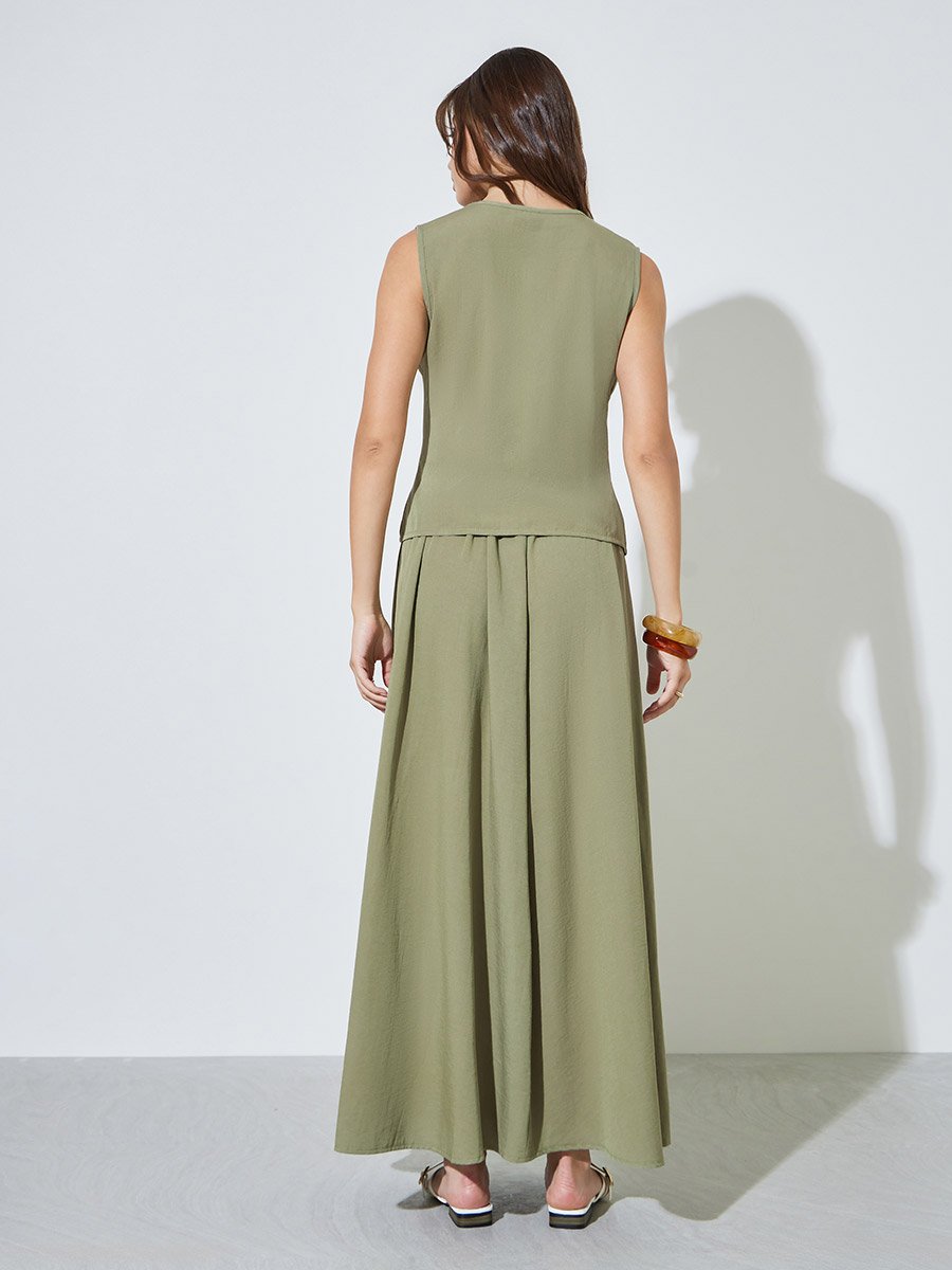 Green Pintuck Detail Top and A-Line Maxi Skirt Set