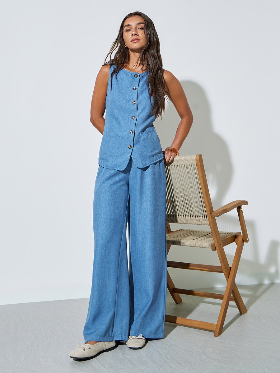 Blue Solid Pocket Decor Woven Top and Wide Leg Pants Set