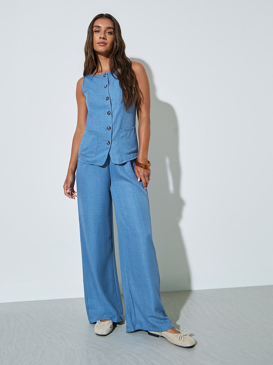 Blue Solid Pocket Decor Woven Top and Wide Leg Pants Set