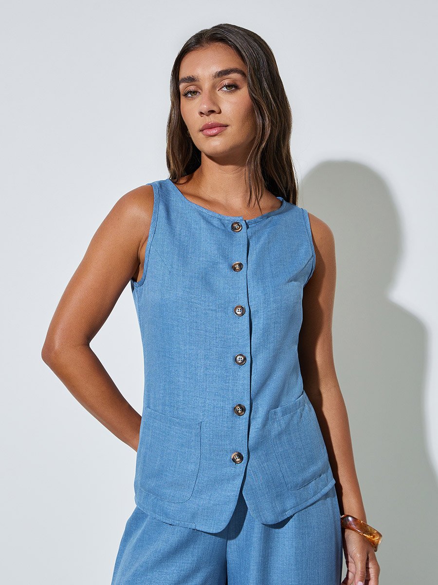 Blue Solid Pocket Decor Woven Top and Wide Leg Pants Set
