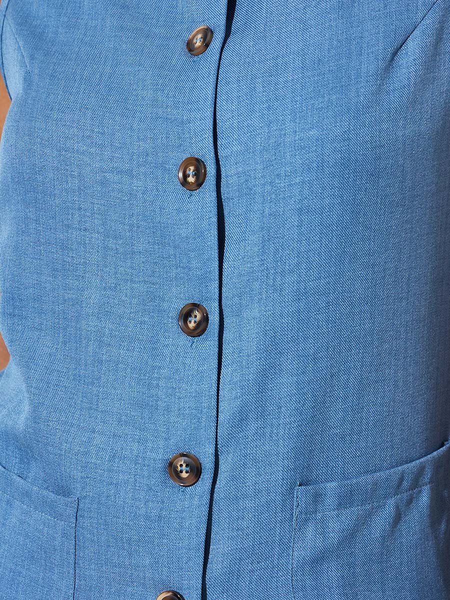 Blue Solid Pocket Decor Woven Top and Wide Leg Pants Set