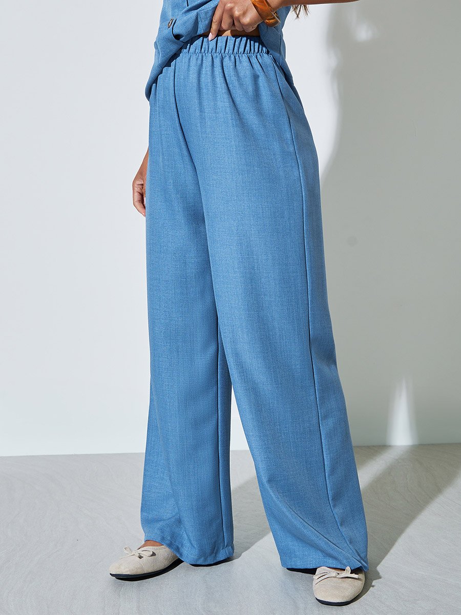 Blue Solid Pocket Decor Woven Top and Wide Leg Pants Set