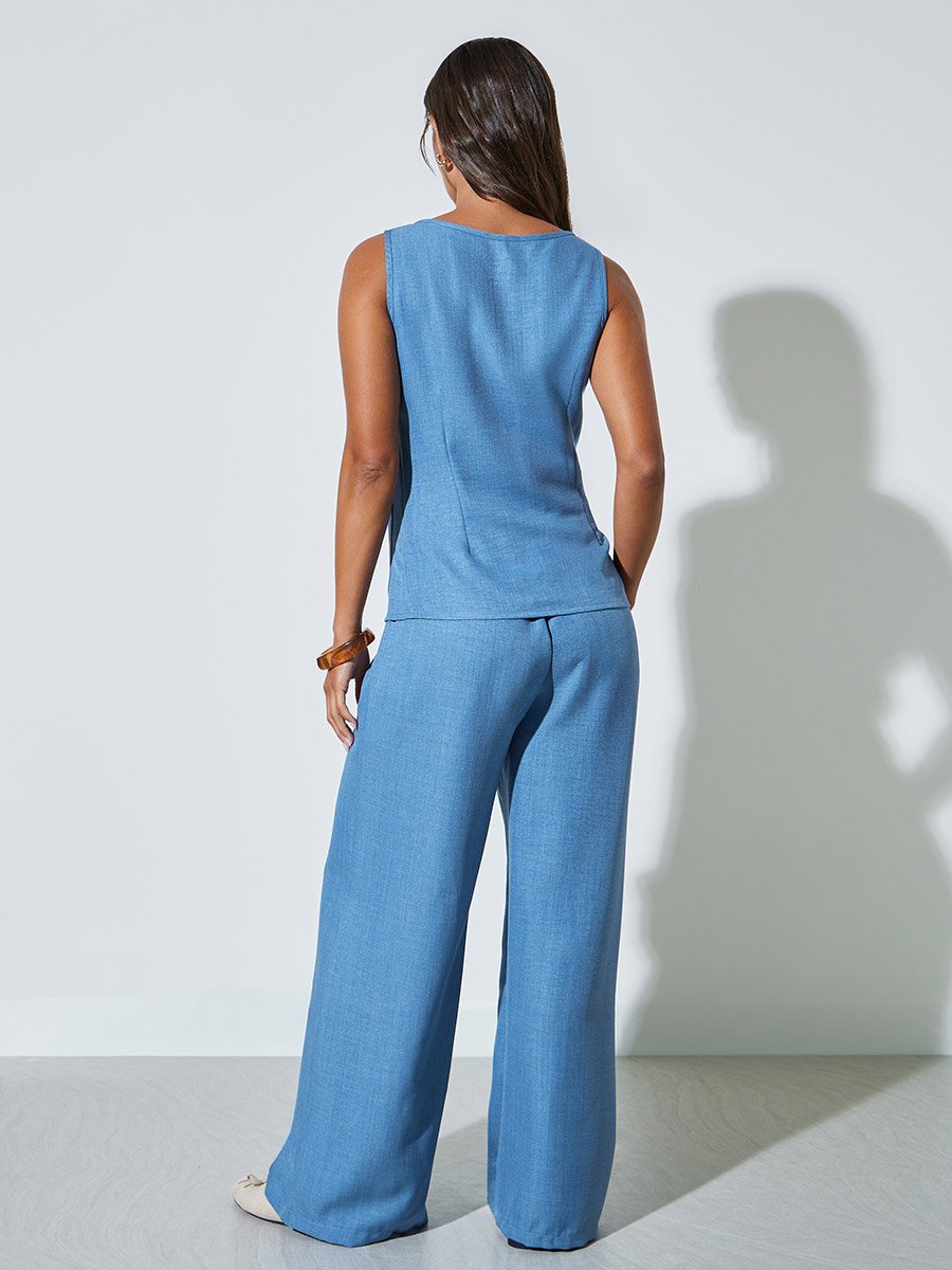 Blue Solid Pocket Decor Woven Top and Wide Leg Pants Set