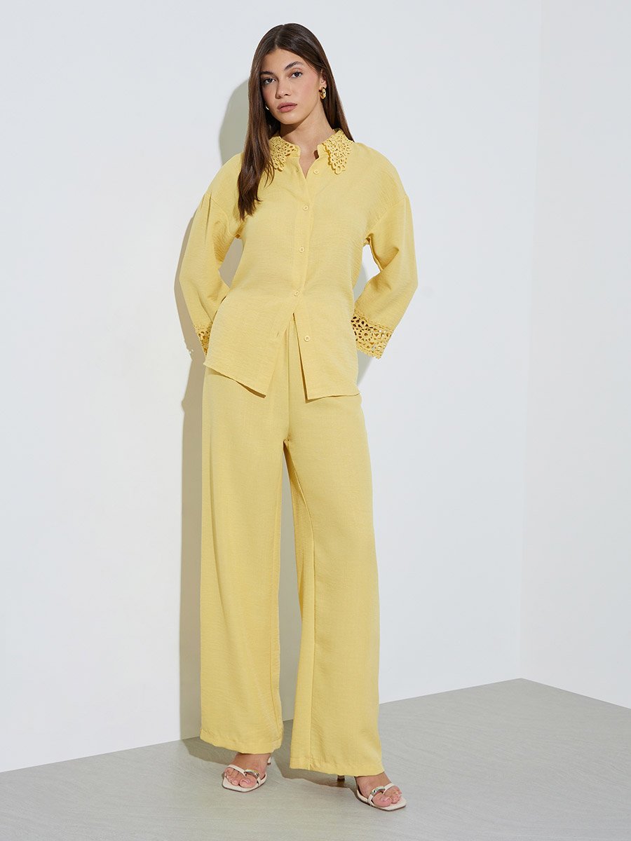 Yellow Lace Trim Shirt and Wide Leg Pants Co-ord Set