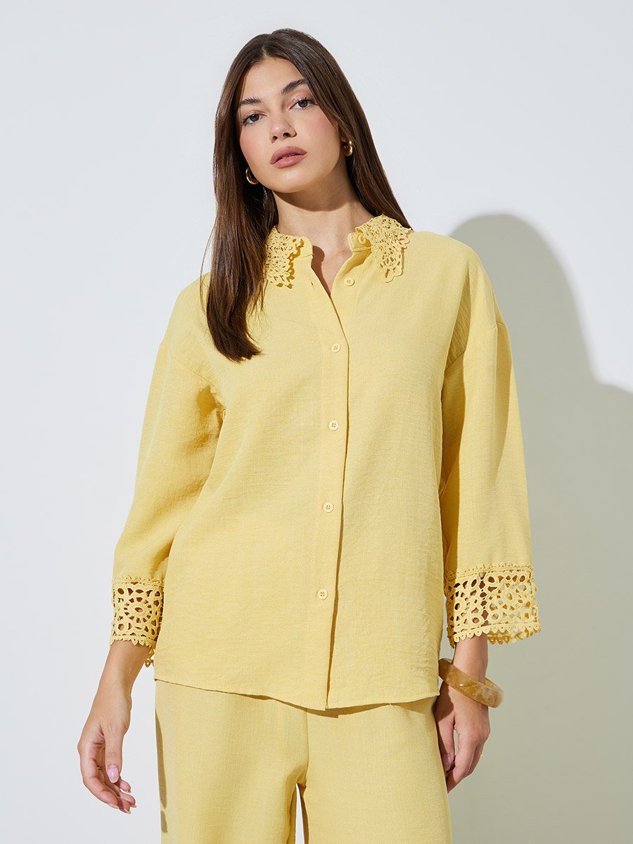 Yellow Lace Trim Shirt and Wide Leg Pants Co-ord Set