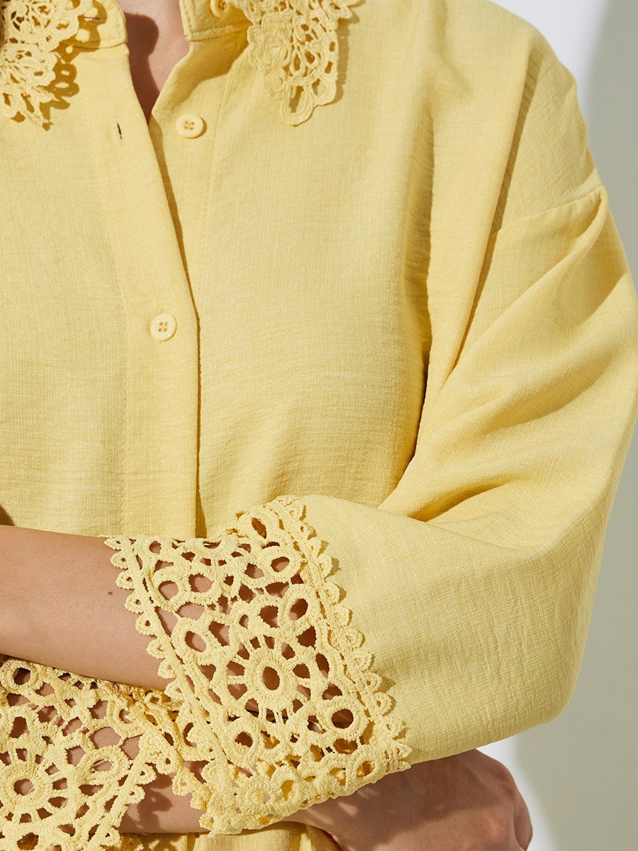 Yellow Lace Trim Shirt and Wide Leg Pants Co-ord Set