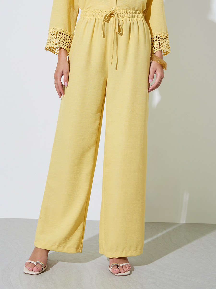 Yellow Lace Trim Shirt and Wide Leg Pants Co-ord Set